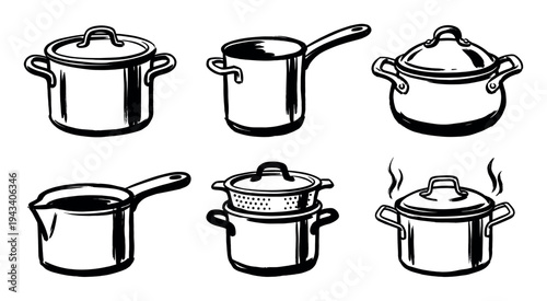 Collection of hand-drawn kitchen cookware including various pots, pans, a colander, and a steaming stockpot in a bold black and white ink brush sketch illustration style