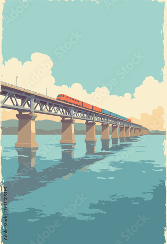 Pamban Bridge, Rameswaram brutalist concrete steel train bridge cutting across perfectly flat ocean Strict horizontal vertical lines Minimalist engineering art No text