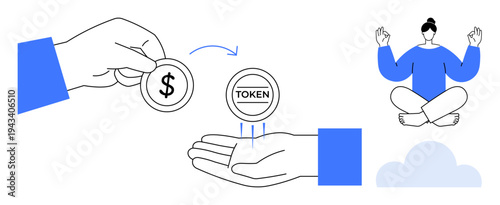 Cryptocurrency, token exchange, digital transactions, mindfulness, financial wellness, economic concepts. Illustration of a token exchange process and a meditating individual. Cryptocurrency