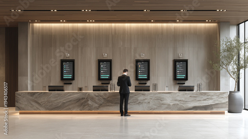A man in a suit stands at a modern hotel reception desk with digital screens