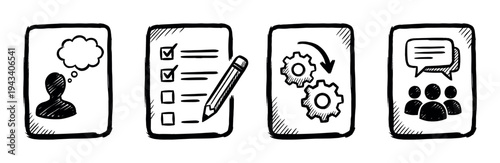 Four hand-drawn business process icons illustrating a workflow from idea generation and task planning to process execution and team collaboration in a simple sketch style