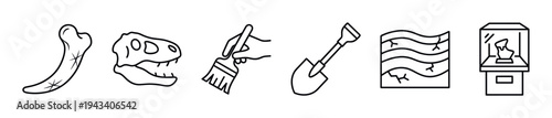 Set of paleontology and archaeology icons showing a dinosaur skull, fossil bone, shovel, brush, earth layers, and a museum exhibit in a simple black line art style