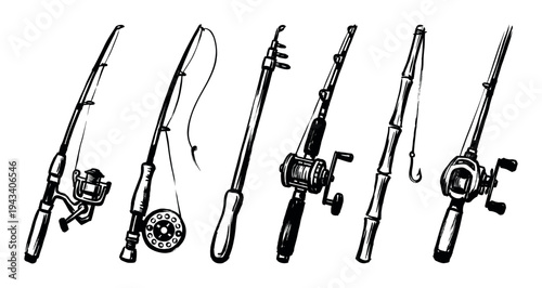 Collection of six hand-drawn fishing rods in a black and white ink sketch style, showcasing various types of equipment like spinning, casting, and fly fishing reels for angling