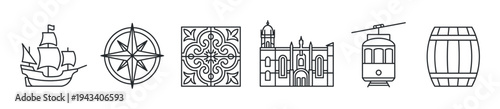Set of six black line art icons representing travel and cultural symbols including a historic ship, compass, ornate tile, cathedral, tram, and a wooden barrel in a minimalist style