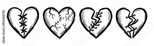 Four black hand-drawn broken hearts set showing different ways of mending, including stitches and laces in a rough, grunge sketch style illustration for emotional concepts