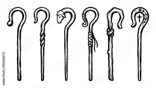 Collection of six different shepherd's crooks in a black and white hand-drawn style, featuring pastoral and religious designs like a lamb's head and a cross