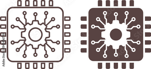 Set of brown minimalist AI circuit silhouette icons featuring an industrial gear cog inside a computer microchip for smart manufacturing and automation technology AI Generative