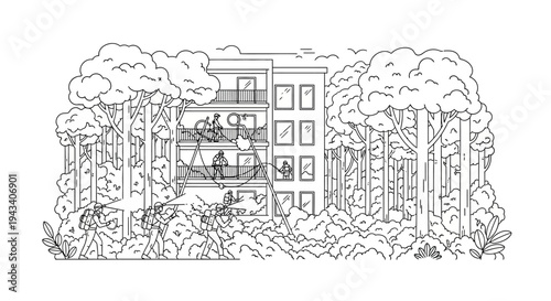 Modern Apartment Building Integrated with Lush Forest, Urban Nature Concept