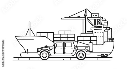 Military Truck Loading onto Cargo Ship at Port, Logistics and Transportation Concept