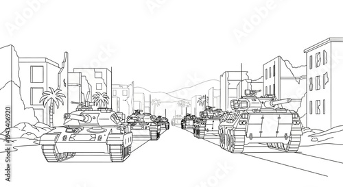 Military tanks advance down a destroyed city street, war scene illustration