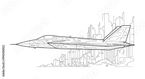 Modern Fighter Jet Flying Over Futuristic City Skyline - Vector Illustration