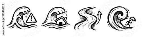 Hand-drawn black ink icons illustrating flood disaster concepts, including a tsunami warning, a submerged home, a rising river, and a person escaping a giant wave