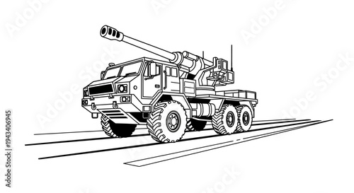Modern Self-Propelled Howitzer Artillery Gun Vehicle Line Drawing