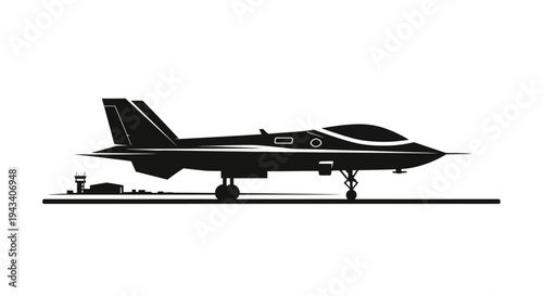 Modern Fighter Jet Silhouette on Runway with Control Tower