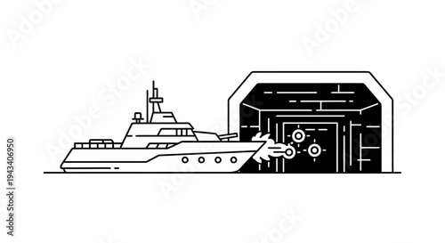 Modern Yacht Docked in Futuristic Hangar with Energy Beams