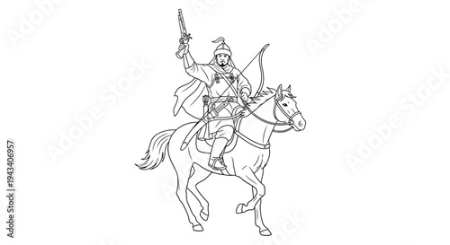 Mongol Warrior on Horseback with Sword and Bow