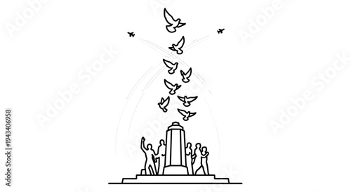 Monument with doves flying up, symbolizing freedom and peace