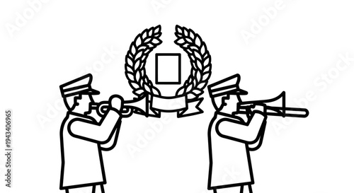 Musicians in Uniform Play Trumpets Under Laurel Wreath Emblem