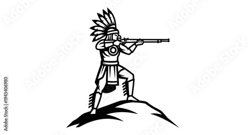 Native American Warrior Aiming Rifle on Hilltop - Vintage Illustration