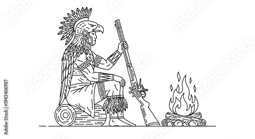 Native American Warrior with Rifle by Campfire, Eagle Headdress, Sitting on Log