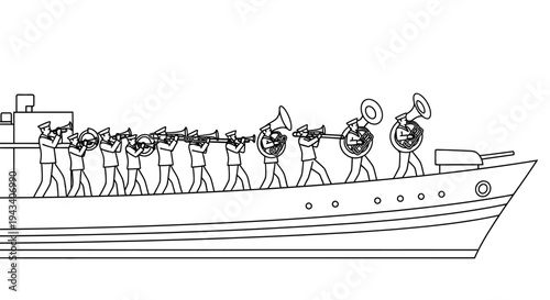 Naval Band Performs on Ship Deck, Military Musicians Playing Brass Instruments