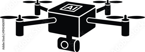 Black minimalist silhouette of an autonomous AI drone with a camera for surveillance and smart technology concepts isolated on white background AI circuit silhouette AI Generative
