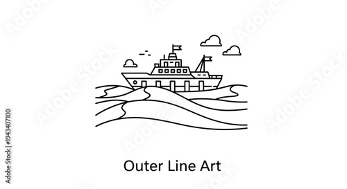 Outline Art of a Fishing Boat Navigating Rough Seas with Waves and Clouds