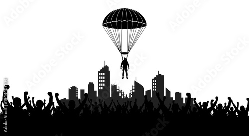 Parachutist Descends Over Cheering Crowd and City Skyline Silhouette