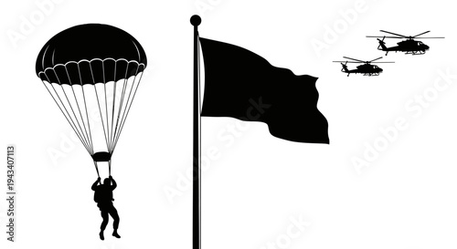Parachutist Jumps Near Flagpole with Helicopters Flying in Formation