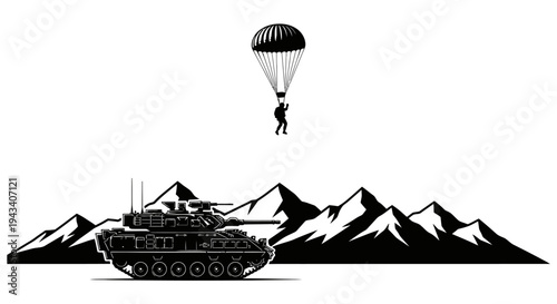 Paratrooper Descends Above Tank and Mountain Range - Military Airborne Assault Concept