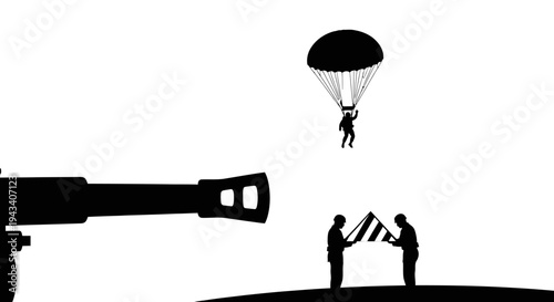 Paratrooper Descends Towards Soldiers Planting Flag, Silhouette, Military Operation