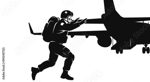 Paratrooper Jumps From Military Aircraft Silhouette