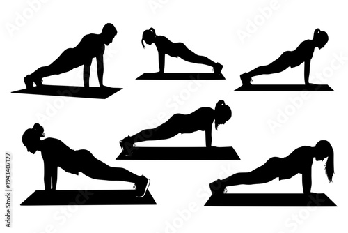 People Holding Plank Pose Outdoor Fitness Bootcamp Park Workout Yoga Class Black Vector Silhouette