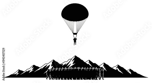 Paratrooper Descends Over Mountain Range with Soldiers Below