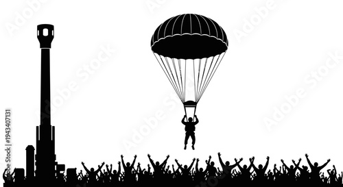 Paratrooper Landing with Crowd Celebration and Artillery Gun Silhouette