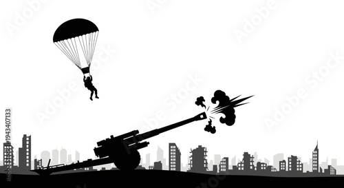 Paratrooper descending over city skyline with firing cannon silhouette