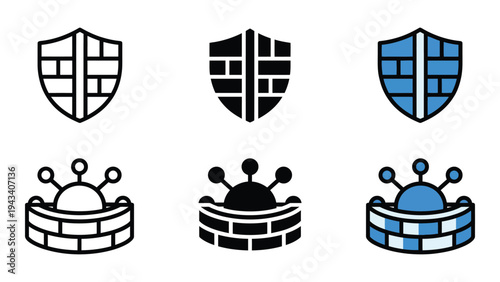 Cybersecurity Icons with Shields and Virus on Brick Wall