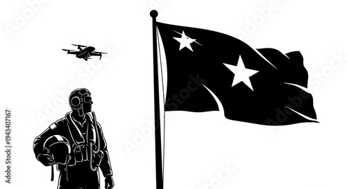 Pilot and Drone with Flag - Future of Aviation and Military Technology