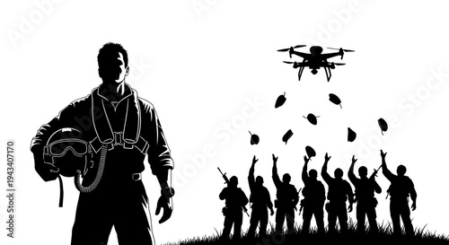 Pilot and Soldiers Celebrate Drone Success with Hat Toss