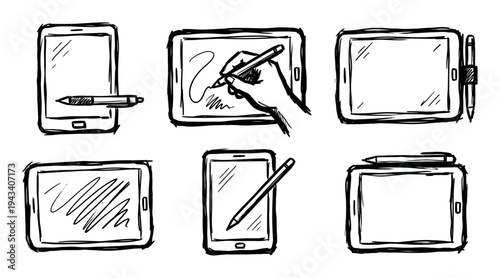 Set of hand-drawn doodle sketches of tablets, smartphones, and styluses in a rough ink style, including a hand creating a digital drawing on a screen