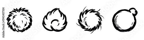 Set of four black ink brush stroke circles with different textures, including a fuzzy ball, a flame, a vortex, and a simple loop, drawn in a minimalist hand-painted style