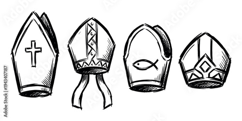 Four hand-drawn bishop mitre hats in a sketchy black ink style, featuring various religious symbols like a cross and fish, representing different episcopal headwear designs
