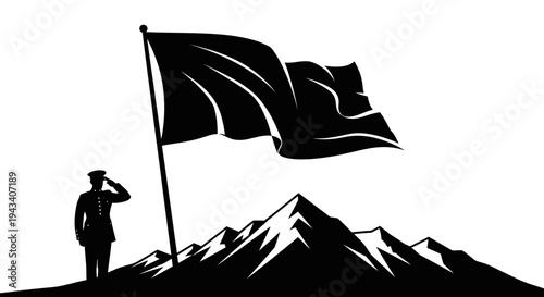 Patriotic Soldier Salutes Waving Flag on Mountain Peak, Symbol of Victory and Freedom