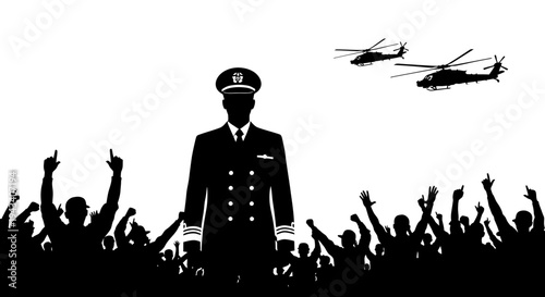 Pilot Hero Silhouette with Helicopters and Cheering Crowd