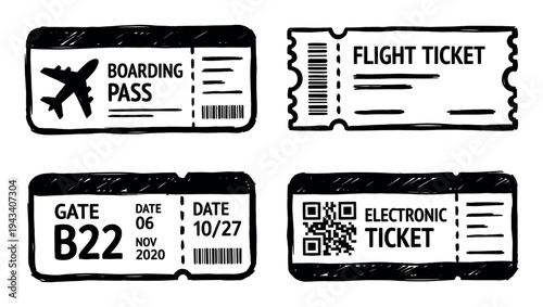 Set of four hand-drawn flight tickets and boarding passes in a black and white doodle style, featuring airplane, barcode, and QR code icons for travel and vacation concepts