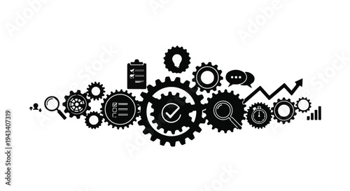 Business process management gears and cogs mechanism with checkmark symbol in modern industrial design for workflow optimization and efficiency concept