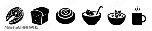 Set of black food icons representing a daily meal, including a salmon steak, bread loaf, cinnamon roll, fish soup, berry porridge, and a hot steaming mug