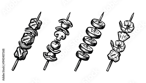 Four hand-drawn grilled food skewers with meat, vegetables, shrimp, and pineapple in a black and white ink sketch style illustration for a barbecue menu or food design