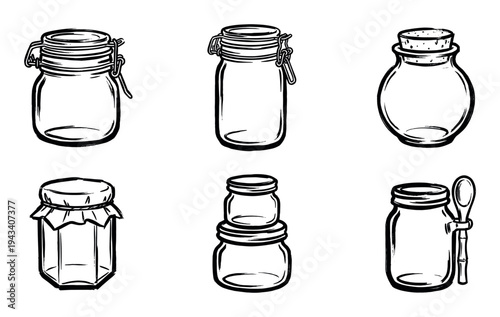Collection of six empty glass jars in various shapes and sizes, hand-drawn in a black and white ink sketch style, including clip-top, cork, and screw-top containers