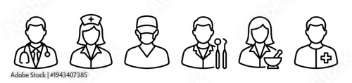 Set of medical professional line art icons showing a doctor, nurse, surgeon, dentist, pharmacist, and paramedic in a minimalist black outline style for healthcare concepts